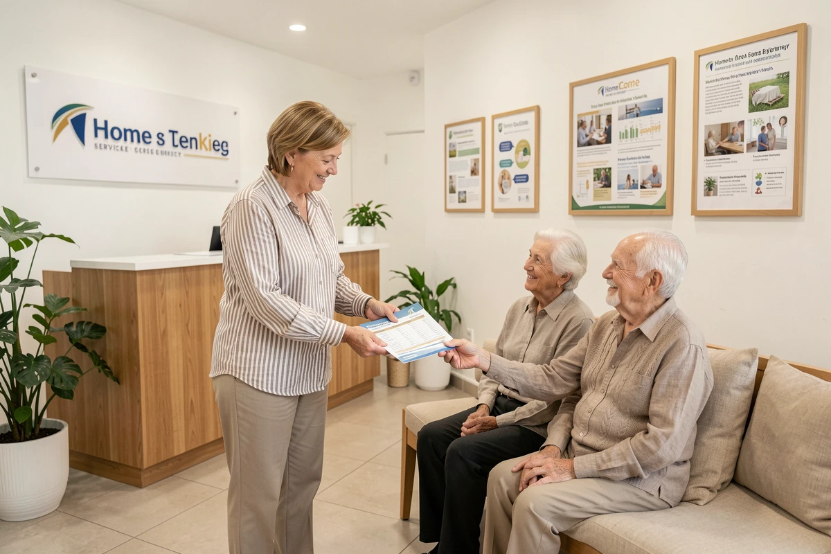 Agente d'accueil remettant une grille tarifaire Age d'Or Services à un couple âgé dans une agence de services à la personne