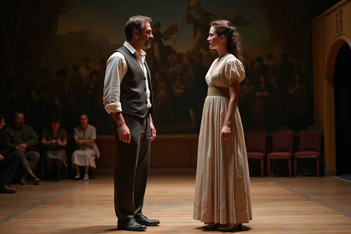 Acteurs en costume exprimant une émotion sur scène