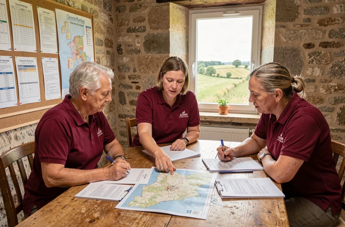 Équipe ADMR Charente-Maritime planifiant les interventions à domicile autour d'une table en milieu rural