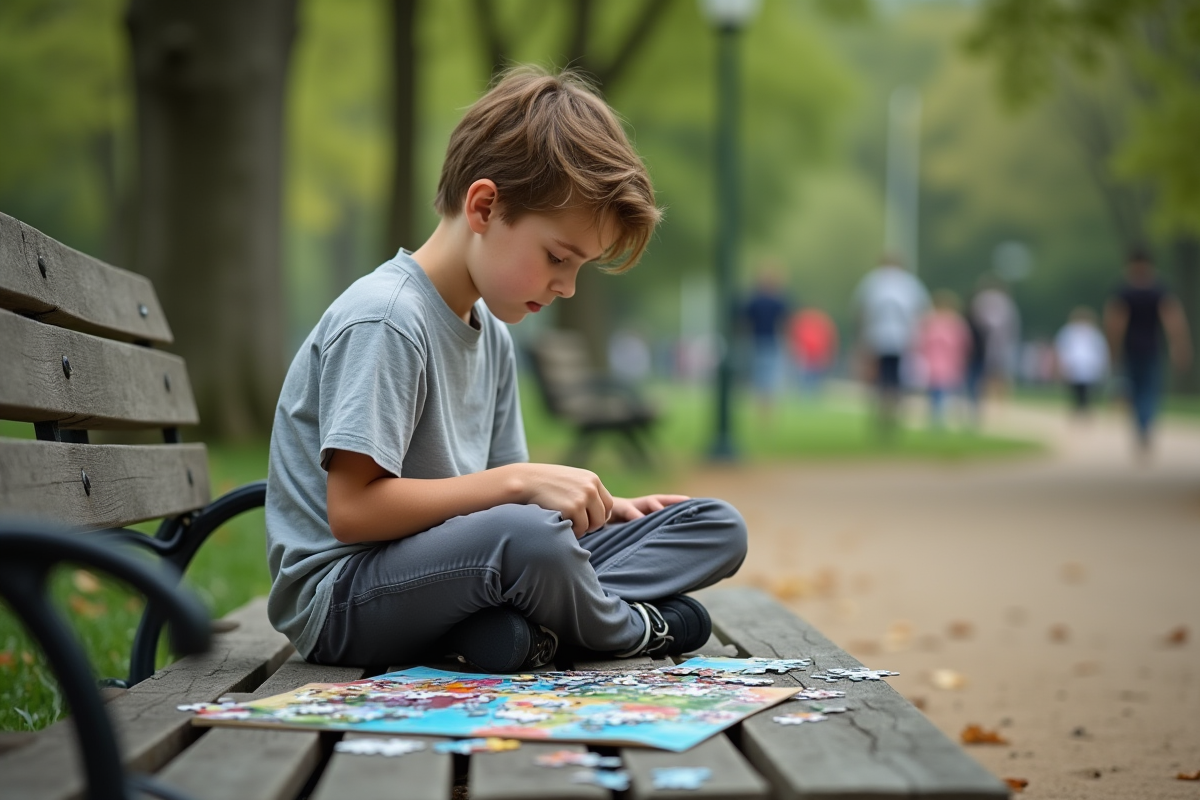 Adolescent assemble un puzzle dans un parc urbain
