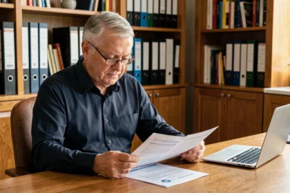 Agent de maîtrise à la retraite examinant ses documents de pension à son bureau à domicile