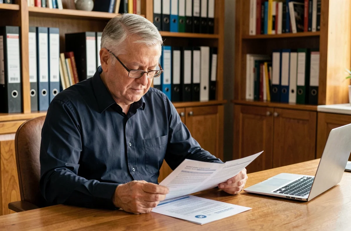 Agent de maîtrise à la retraite examinant ses documents de pension à son bureau à domicile