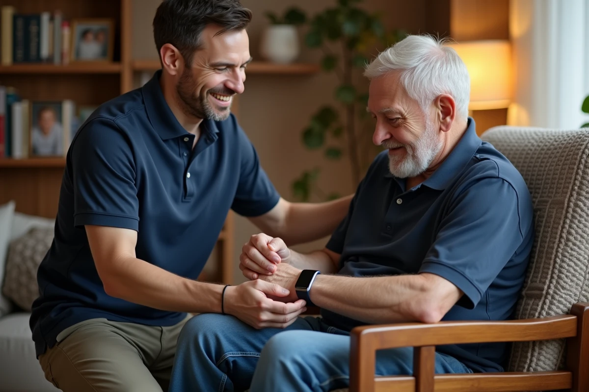 Aidant ajustant un bracelet GPS discret sur le poignet d'un patient Alzheimer à domicile