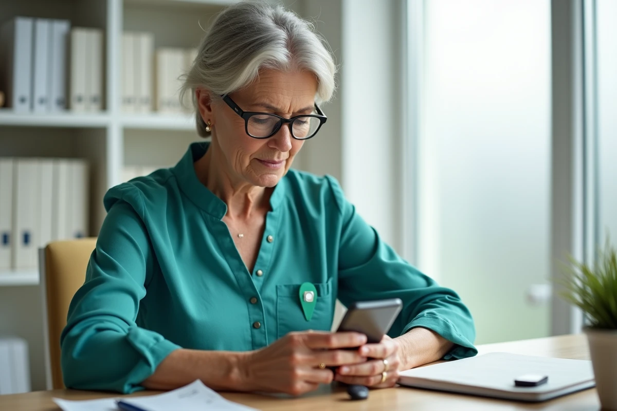 Aidante consultant une application de géolocalisation GPS sur smartphone pour suivre un proche atteint d'autisme depuis son bureau à domicile