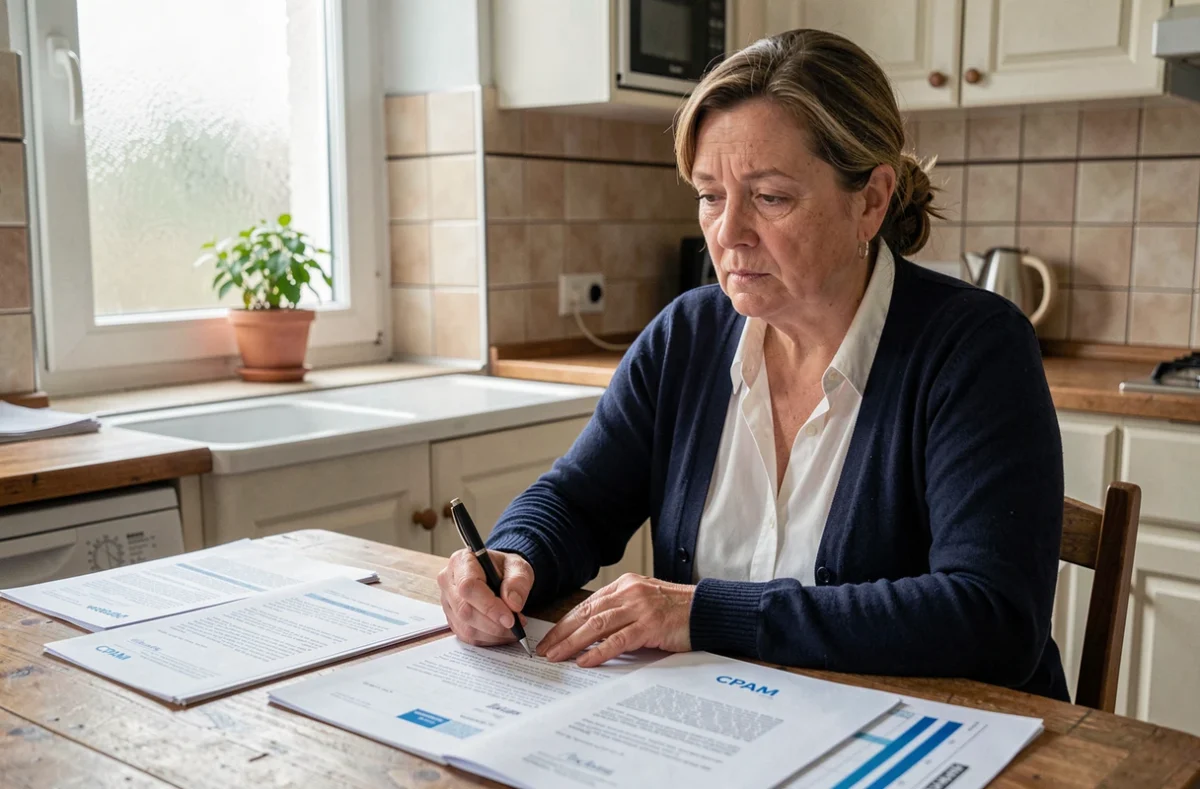 Femme d'âge mûr consultant des documents administratifs de la CPAM à la table de sa cuisine, illustrant les démarches pour l'aide au décès pour chômeurs et inactifs