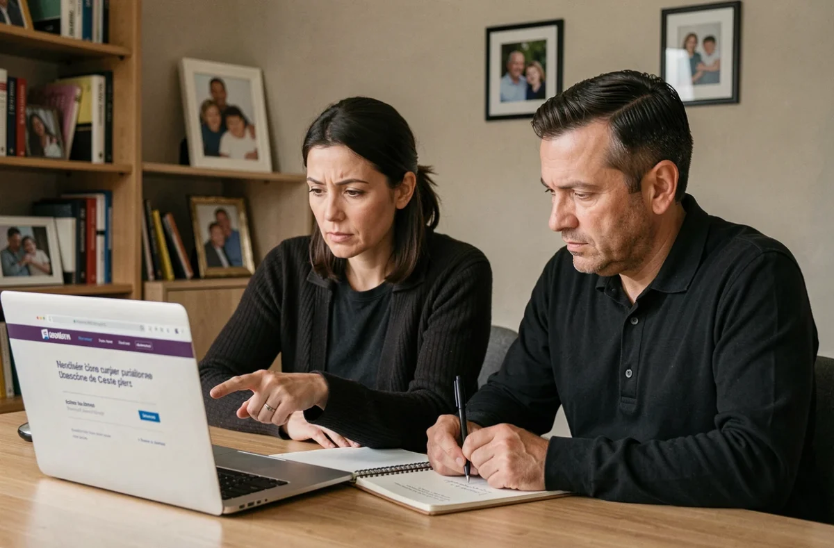 Frère et sœur adultes consultant un site administratif sur ordinateur pour préparer un dossier d'aide au décès CPAM après le décès d'un proche inactif ou chômeur