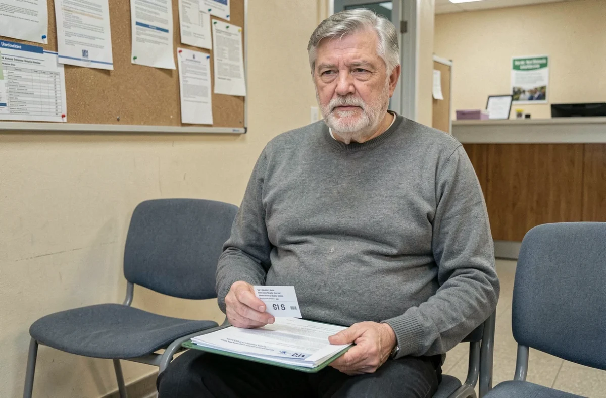 Homme retraité en salle d'attente d'un organisme de sécurité sociale tenant un dossier administratif, représentant les démarches pour obtenir l'aide au décès CPAM en tant qu'inactif