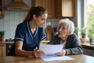 Aide à domicile ADMR aidant une personne âgée à domicile en consultant un document tarifaire