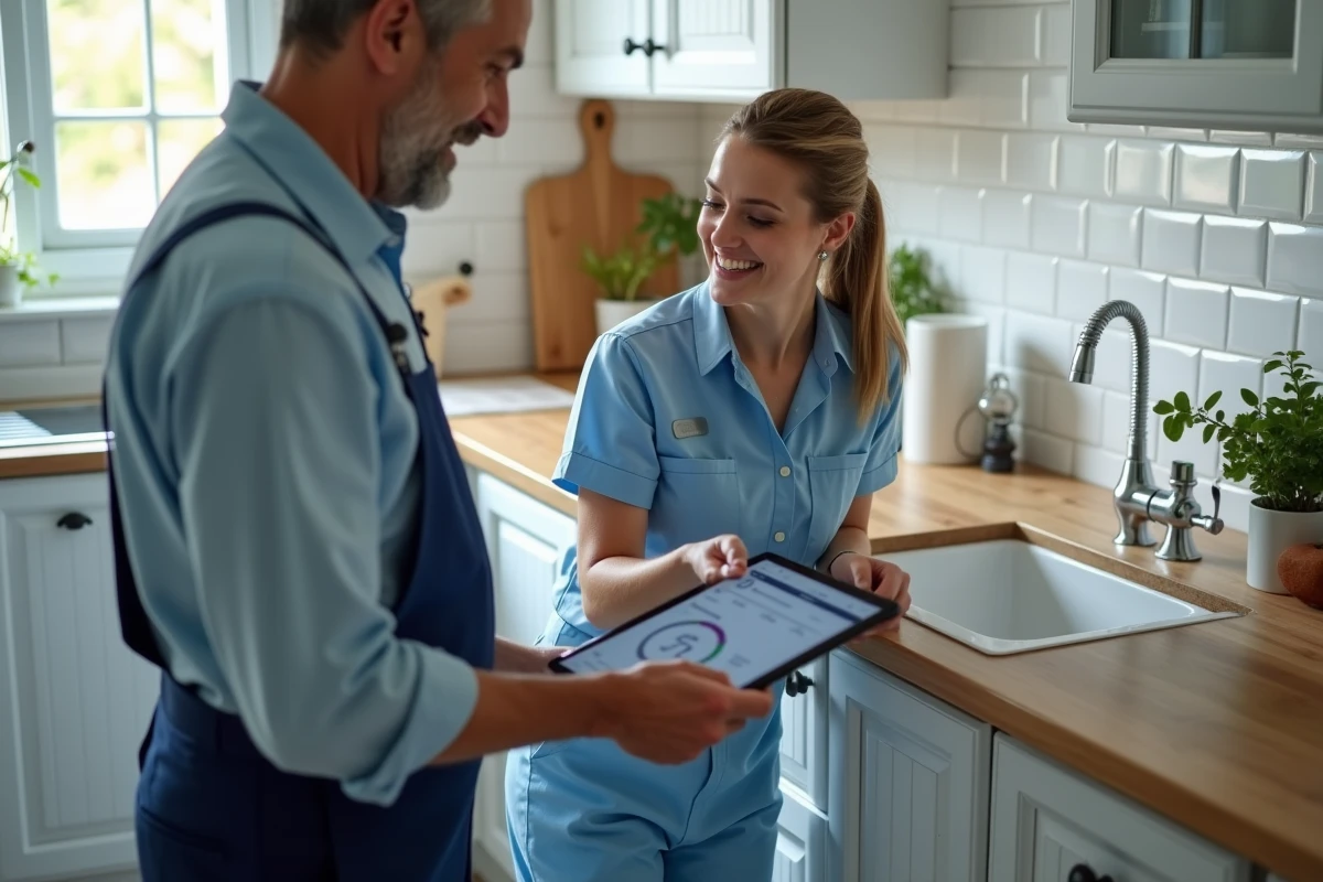 Aide à domicile en uniforme discutant avec un client via une application de services sur tablette dans une cuisine moderne