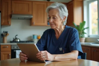 Aide à domicile utilisant une tablette numérique pour saisir des données de télégestion dans une application de suivi des interventions