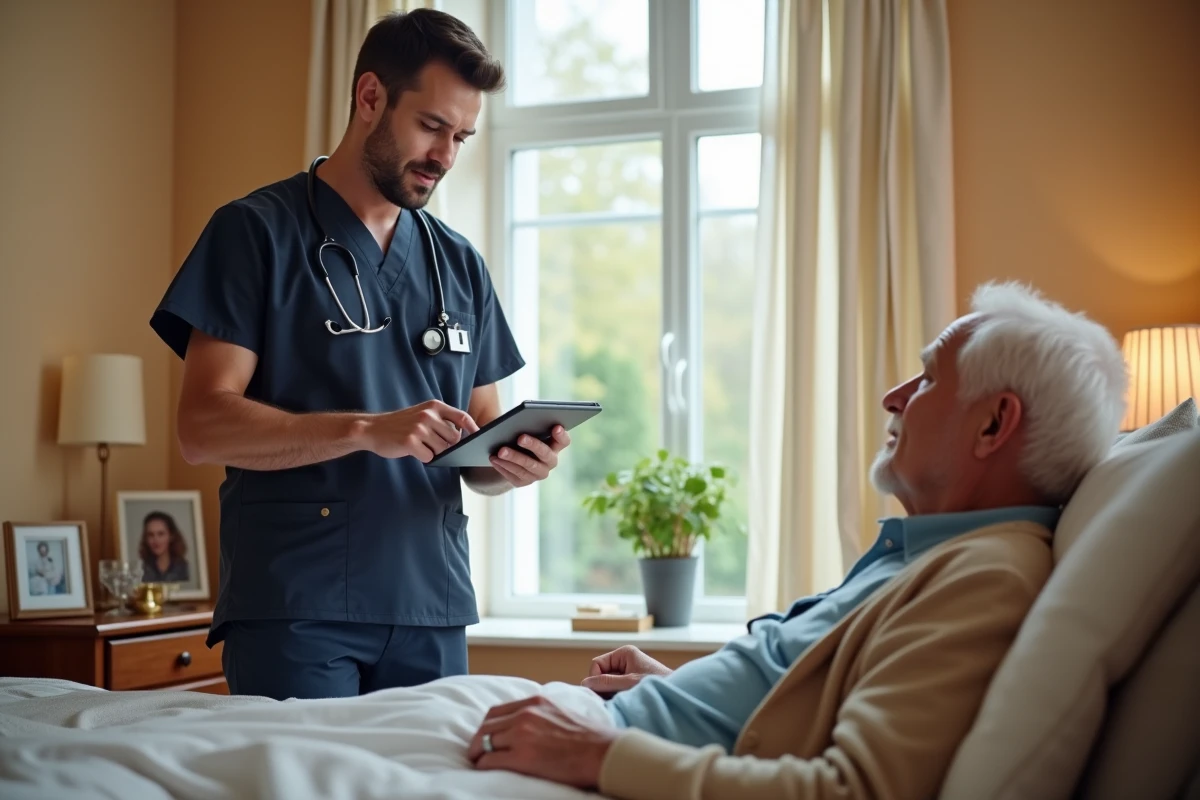Aide-soignant consultant un plan de soins numérique sur tablette auprès d'un résident en EHPAD