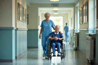 Aide-soignante aidant une personne agee en fauteuil