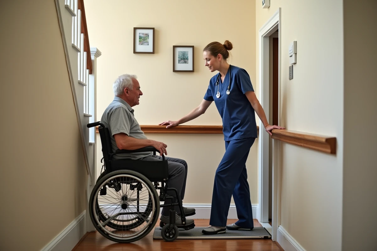 Aide-soignante assistant un résident en fauteuil roulant sur un élévateur de escalier dans une maison de retraite