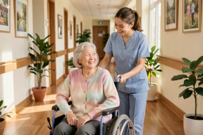 Aide-soignante accompagnant une résidente âgée en fauteuil roulant dans le couloir d'un EHPAD moderne