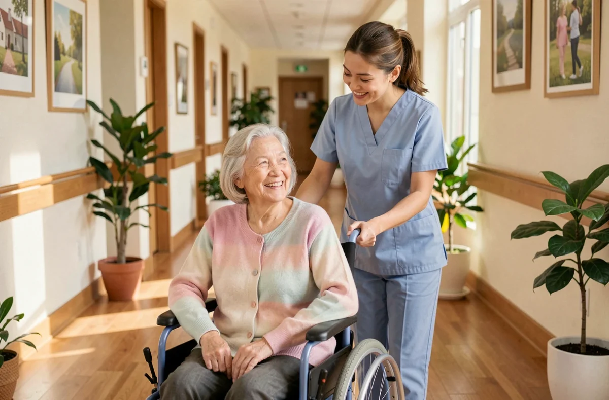 Aide-soignante accompagnant une résidente âgée en fauteuil roulant dans le couloir d'un EHPAD moderne