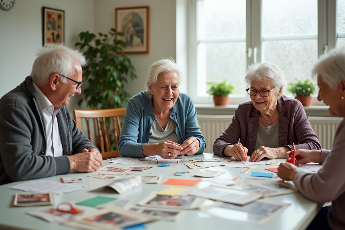 Groupe de personnes âgées réalisant un collage ensemble lors d'une animation créative en après-midi