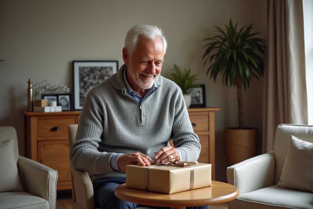 Homme élégant de 70 ans déballant ses cadeaux d'anniversaire dans un salon chaleureux et décoré