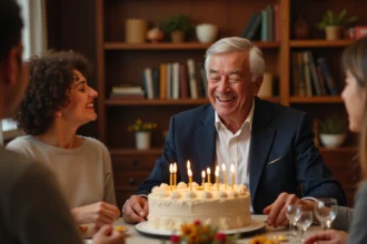 Homme de 70 ans entouré de sa famille soufflant les bougies de son gâteau d'anniversaire dans une salle à manger chaleureuse