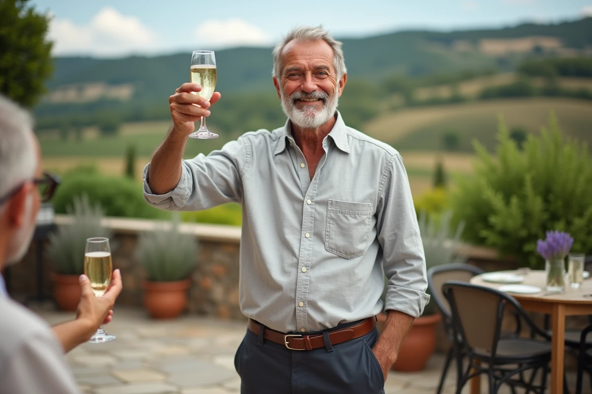 Homme de 70 ans trinquant avec des amis en terrasse lors d'une fête d'anniversaire en plein air
