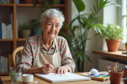 Femme âgée peignant à l'aquarelle lors d'un atelier de loisirs créatifs en maison de retraite