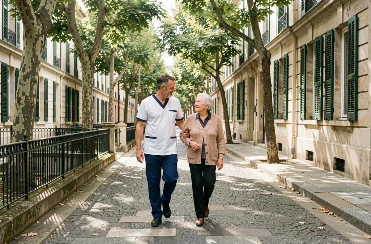 Accompagnateur Aunis Saintonge Santé guidant une personne âgée dans les rues de La Rochelle