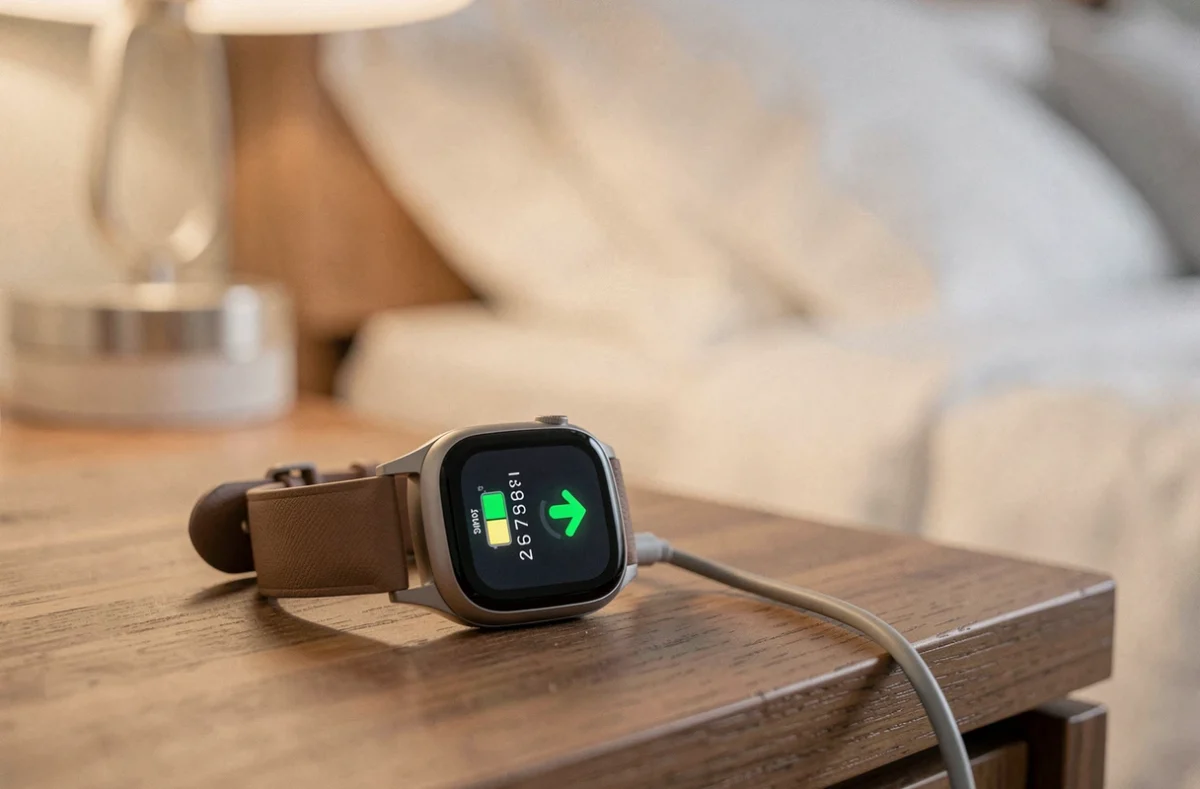 Une montre SOS senior en charge sur une table de nuit avec indicateur de batterie affiché à l'écran