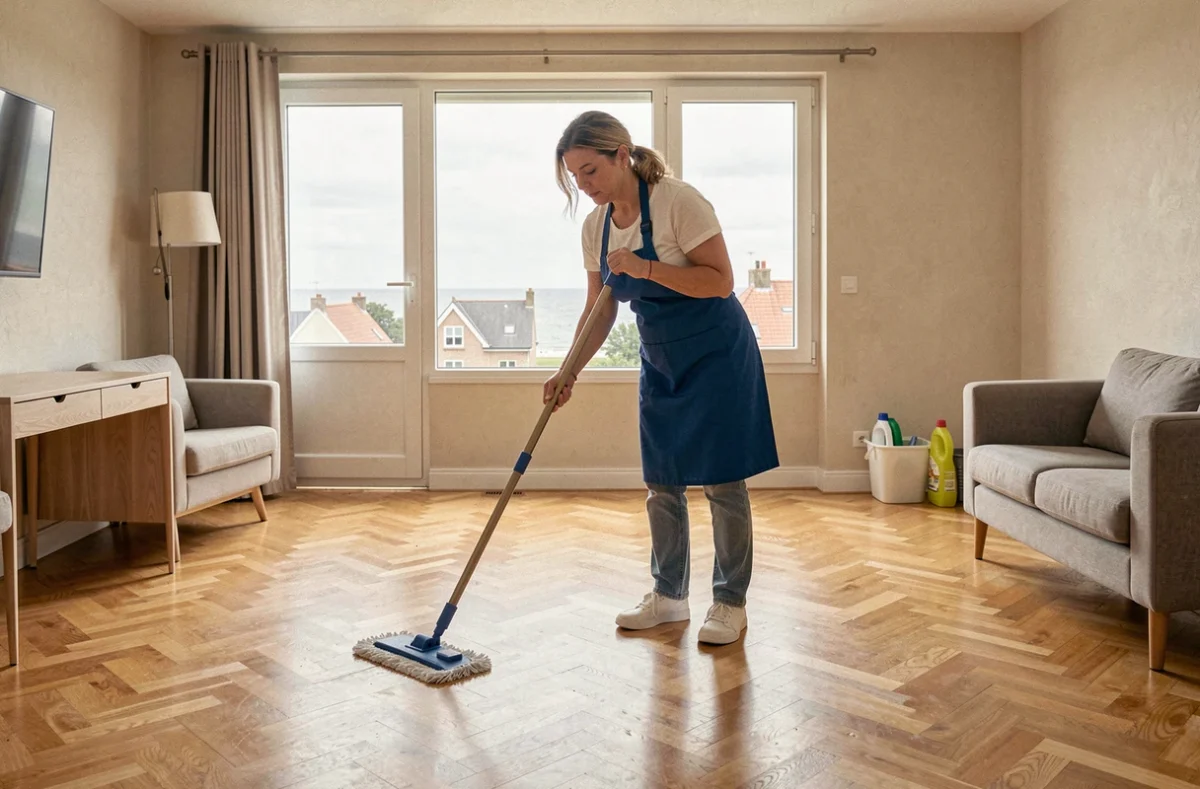Assistante ménagère Axéo Services Aytré effectuant le nettoyage d'un appartement près de La Rochelle