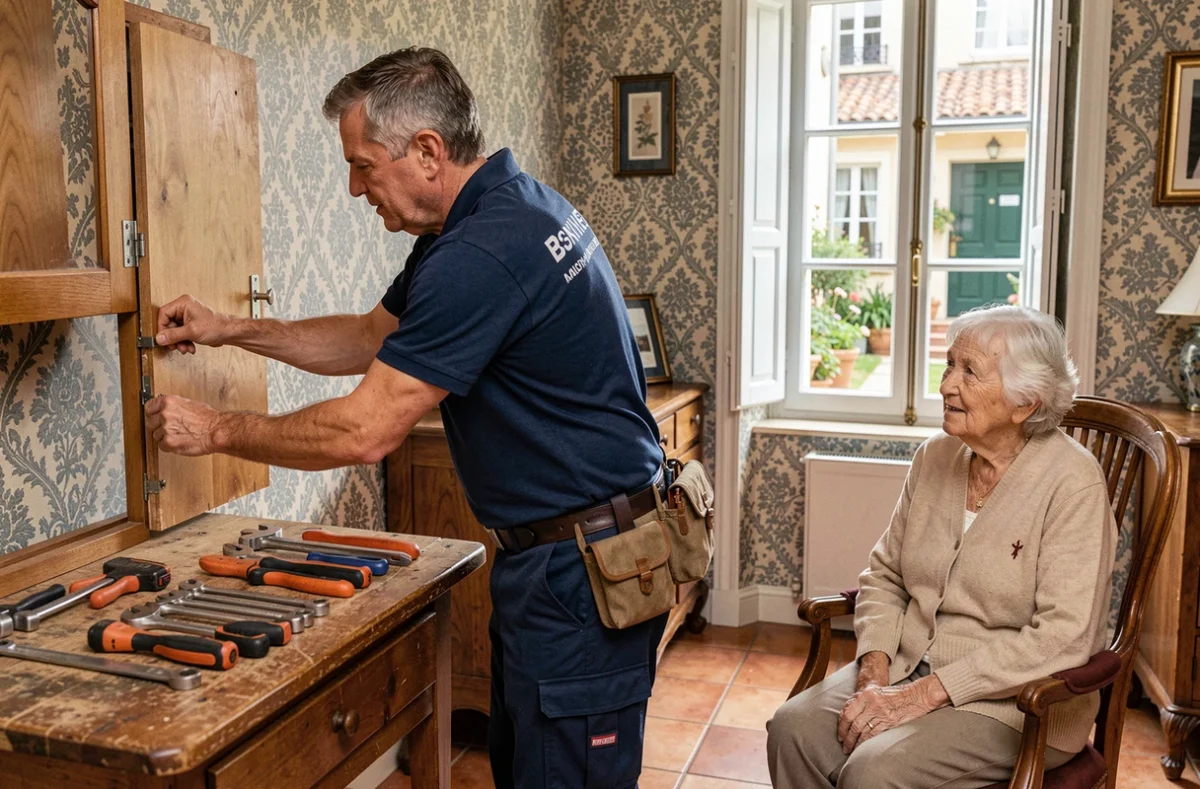 Technicien Axéo Services Saintes réalisant une réparation à domicile sous le regard d'une résidente
