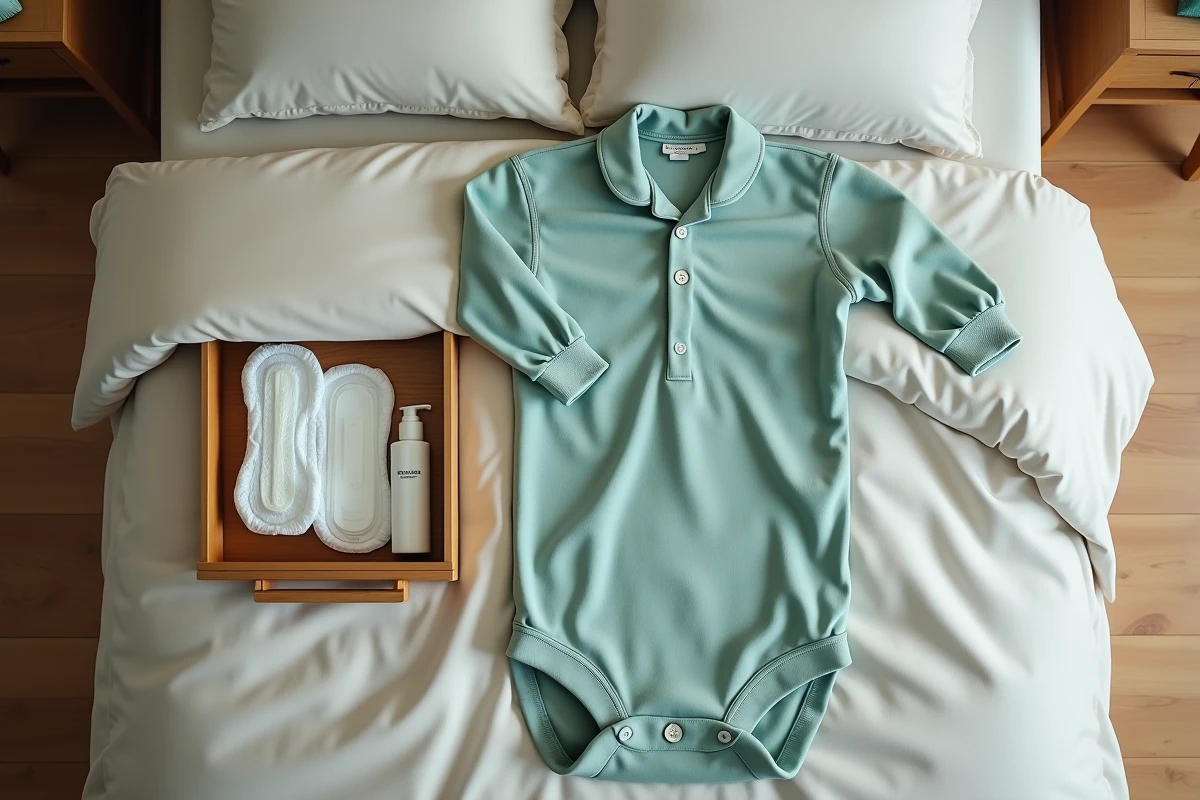 Combinaison babygros adulte en coton vert sauge pliée sur un lit à côté d'accessoires de protection nocturne, illustrant la routine de gestion de l'incontinence nocturne