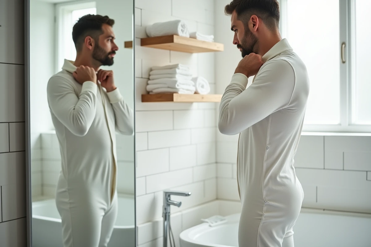 Homme adulte en babygros blanc ajustant sa combinaison devant un miroir de salle de bain, montrant la praticité du vêtement adapté pour l'incontinence nocturne