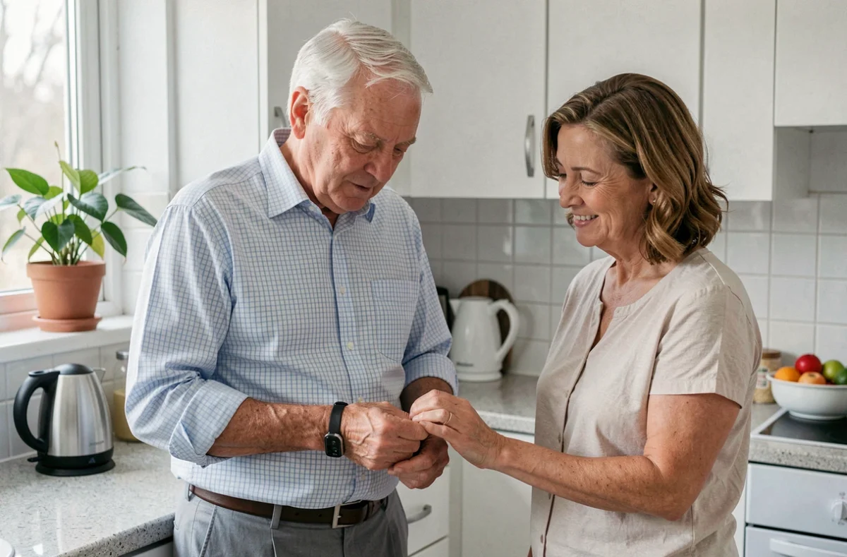 Senior âgé avec légère démence et sa fille aidante attachant un bracelet anti-chute sans abonnement dans la cuisine familiale