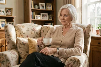 Femme âgée portant un bracelet anti-chute senior sans abonnement dans son salon, assise dans un fauteuil confortable