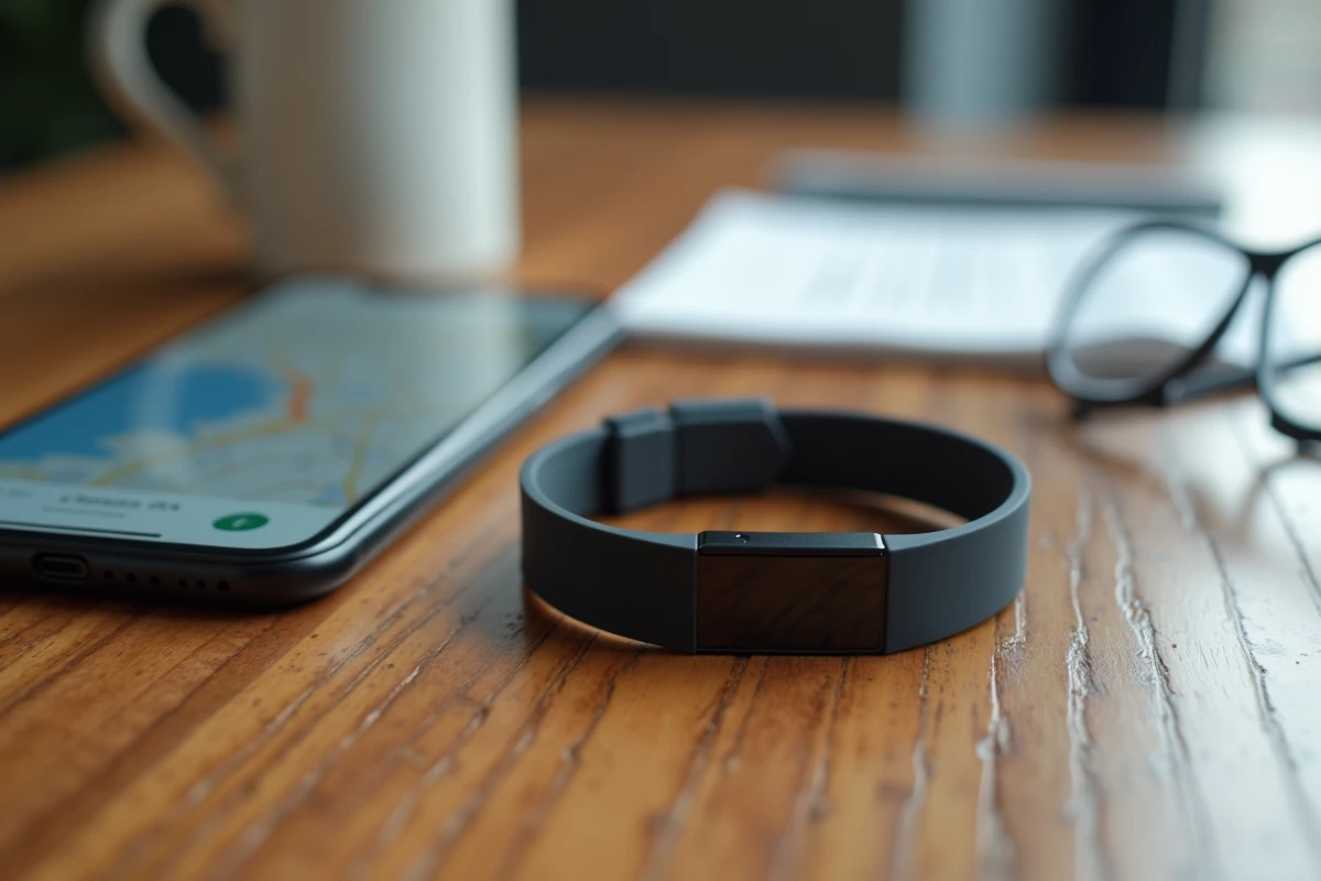 Bracelet GPS discret pour Alzheimer posé sur une table avec smartphone et interface de localisation