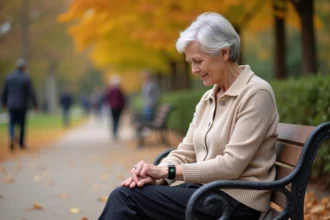 Femme âgée portant un bracelet GPS discret pour Alzheimer sur un banc de parc en automne