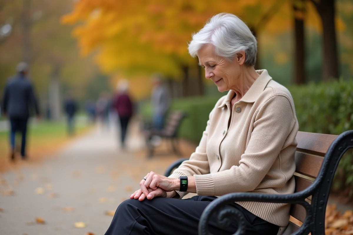 Femme âgée portant un bracelet GPS discret pour Alzheimer sur un banc de parc en automne