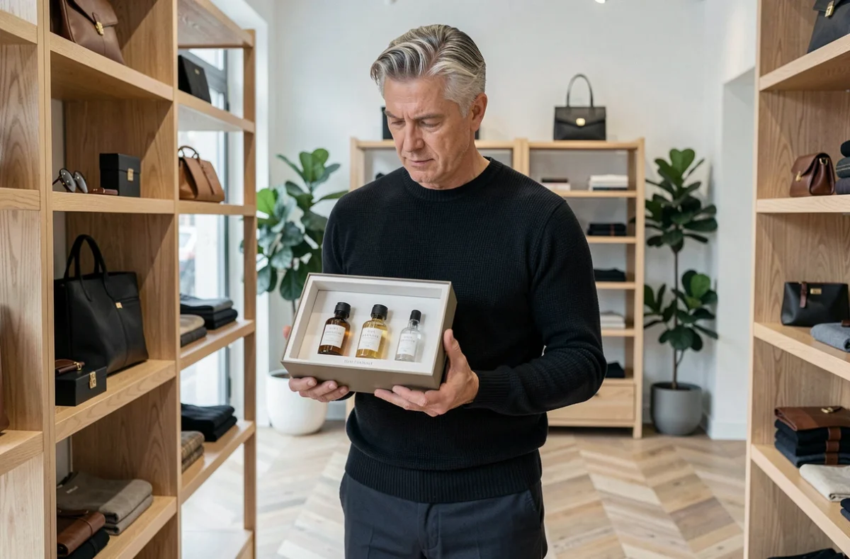 Homme actif de 50 ans dans une boutique lifestyle tenant un coffret de soins haut de gamme, idée cadeau homme stylé et moderne