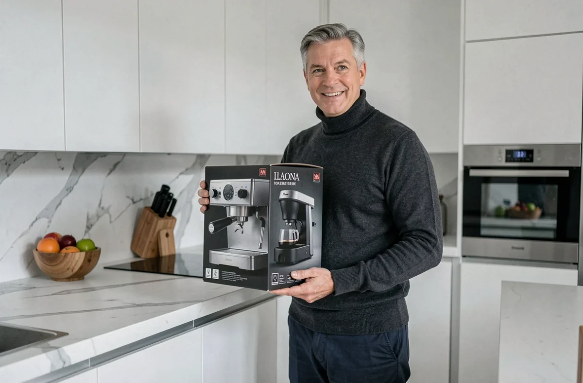 Homme élégant de 50 ans recevant une machine à espresso design dans une cuisine moderne, idée cadeau utile et raffiné