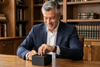 Homme de 50 ans en blazer marine découvrant une montre élégante dans un bureau en bois, cadeau sophistiqué pour homme