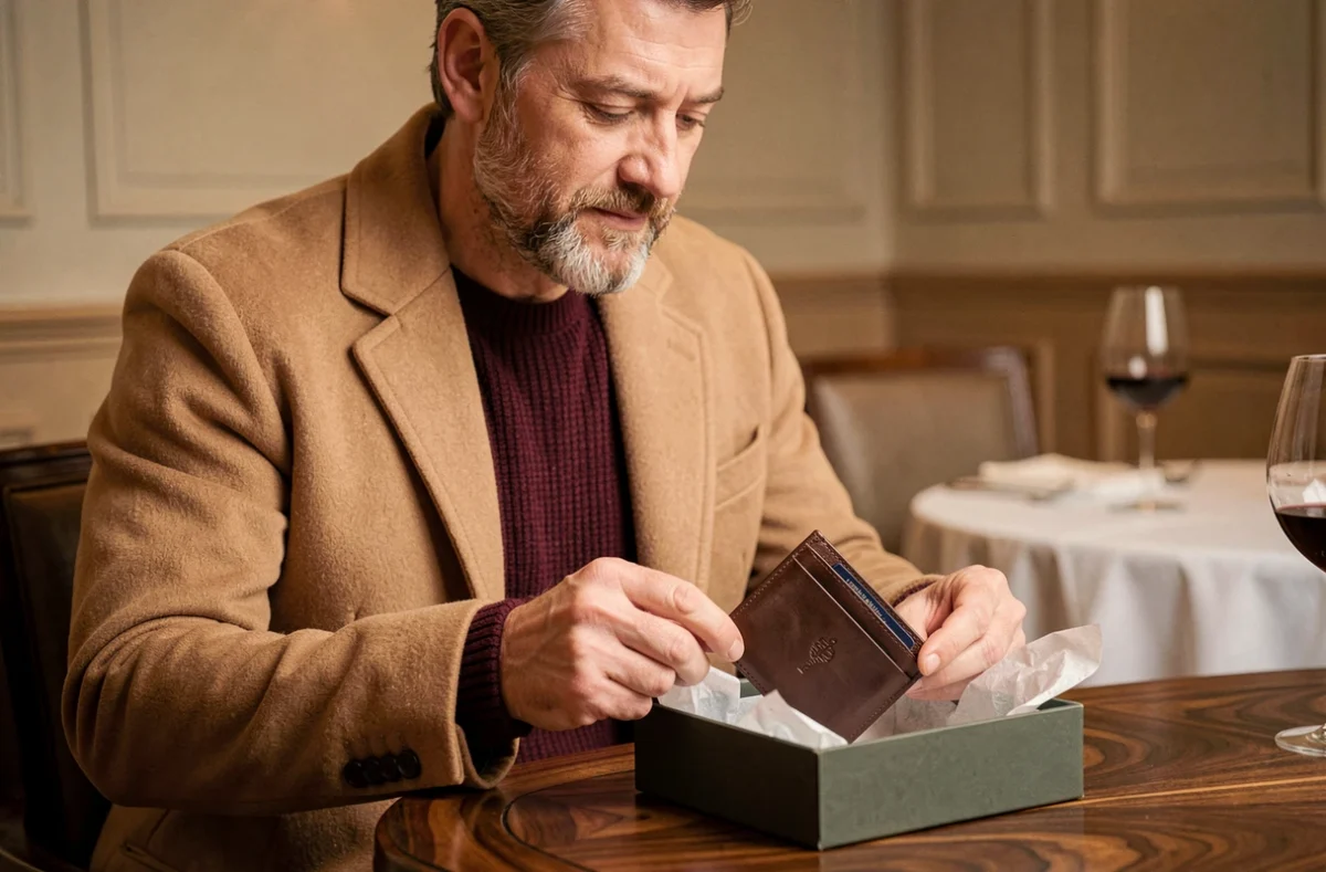 Homme de 50 ans en manteau camel découvrant un portefeuille en cuir de luxe au restaurant, cadeau homme élégant et pratique