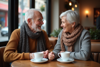 Seniors souriants partageant un café dans un café chaleureux