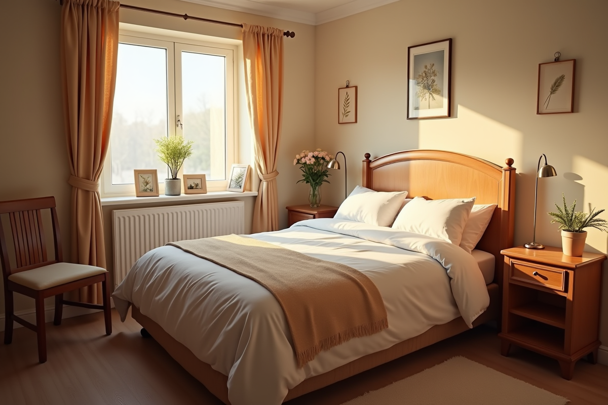 Chambre chaleureuse dans une maison de retraite avec lit et objets personnels