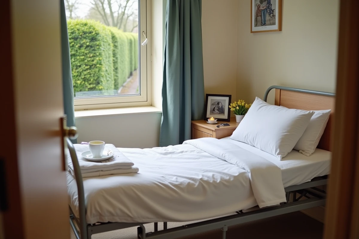 Chambre individuelle aménagée pour un séjour temporaire en EHPAD avec vue sur jardin intérieur