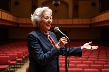 Femme âgée chantant en concert avec micro et sourire sincère
