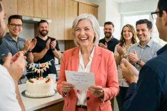 Collègue femme retraitée riant avec ses collègues lors d'une fête de départ en retraite au bureau avec gâteau et carte humoristique