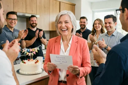 Collègue femme retraitée riant avec ses collègues lors d'une fête de départ en retraite au bureau avec gâteau et carte humoristique