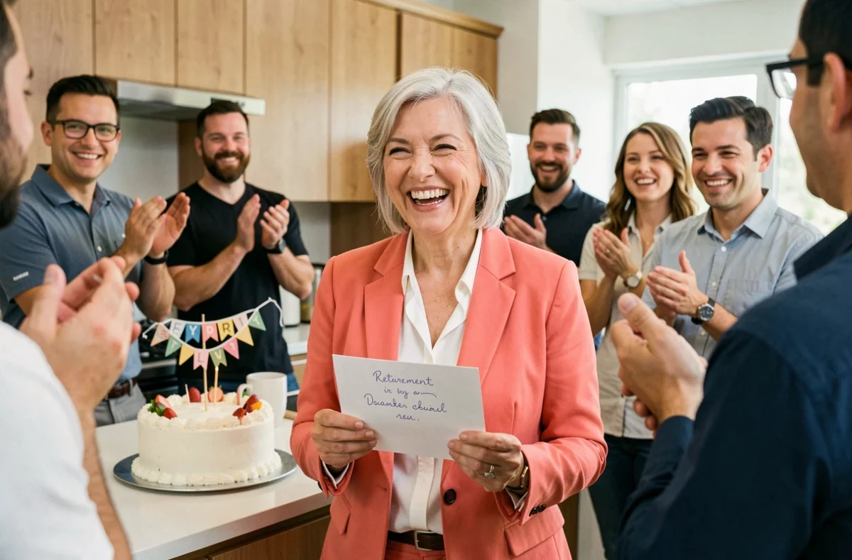 Collègue femme retraitée riant avec ses collègues lors d'une fête de départ en retraite au bureau avec gâteau et carte humoristique