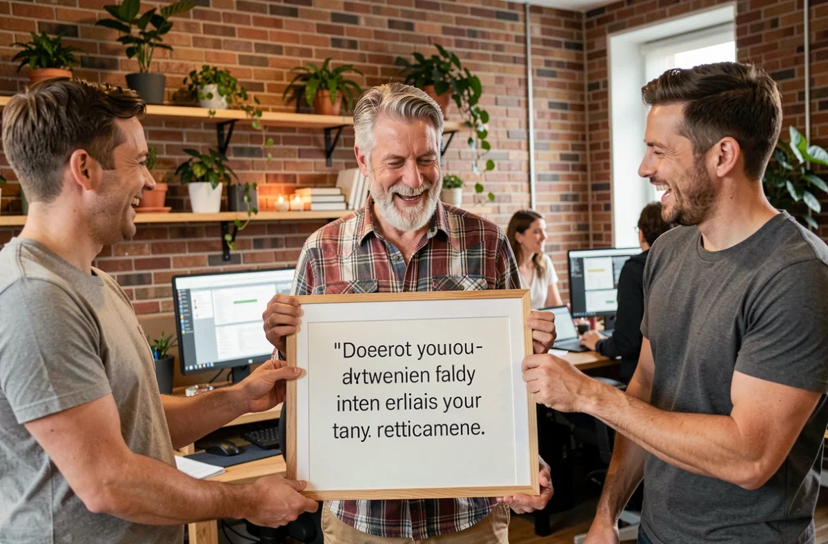 Homme collègue à la retraite souriant en lisant une citation humoristique sur une affiche entouré de collègues dans un bureau moderne