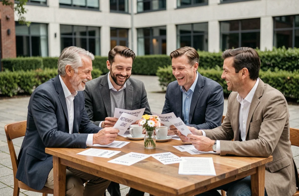 Groupe de collègues riant ensemble autour de cartes de retraite humoristiques posées sur une table en terrasse lors d'un pot de départ