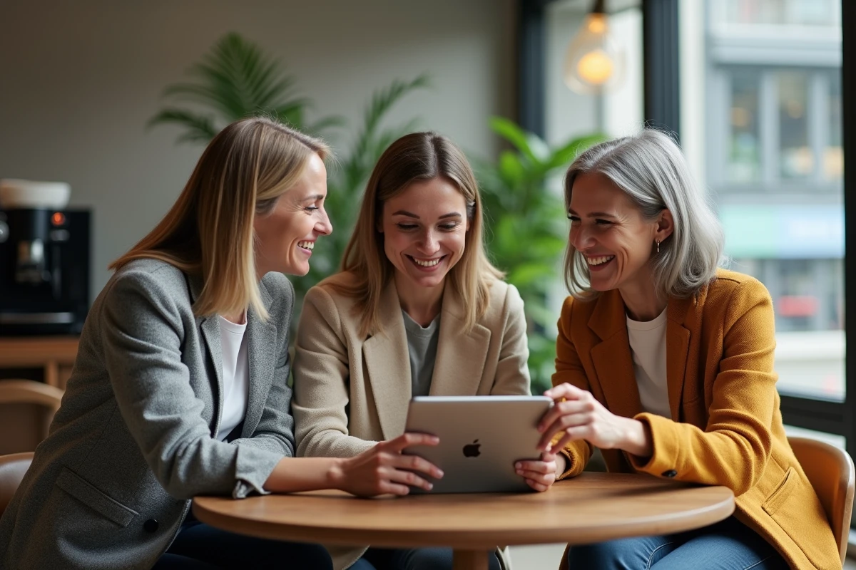 Groupe de collègues comparant les avantages du portail Malin La Poste et les nouveaux dispositifs sociaux sur une tablette en salle de pause