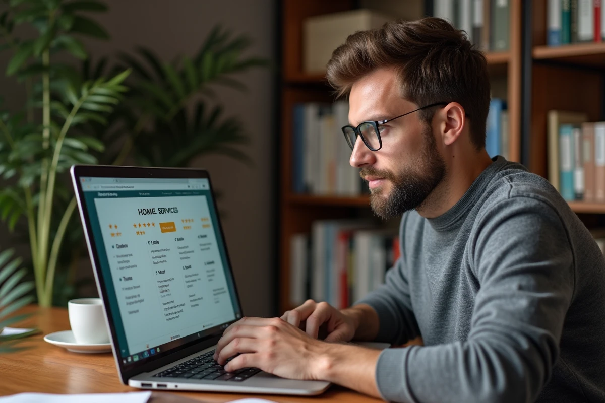 Homme comparant des plateformes de services à domicile en ligne sur un ordinateur portable depuis son bureau